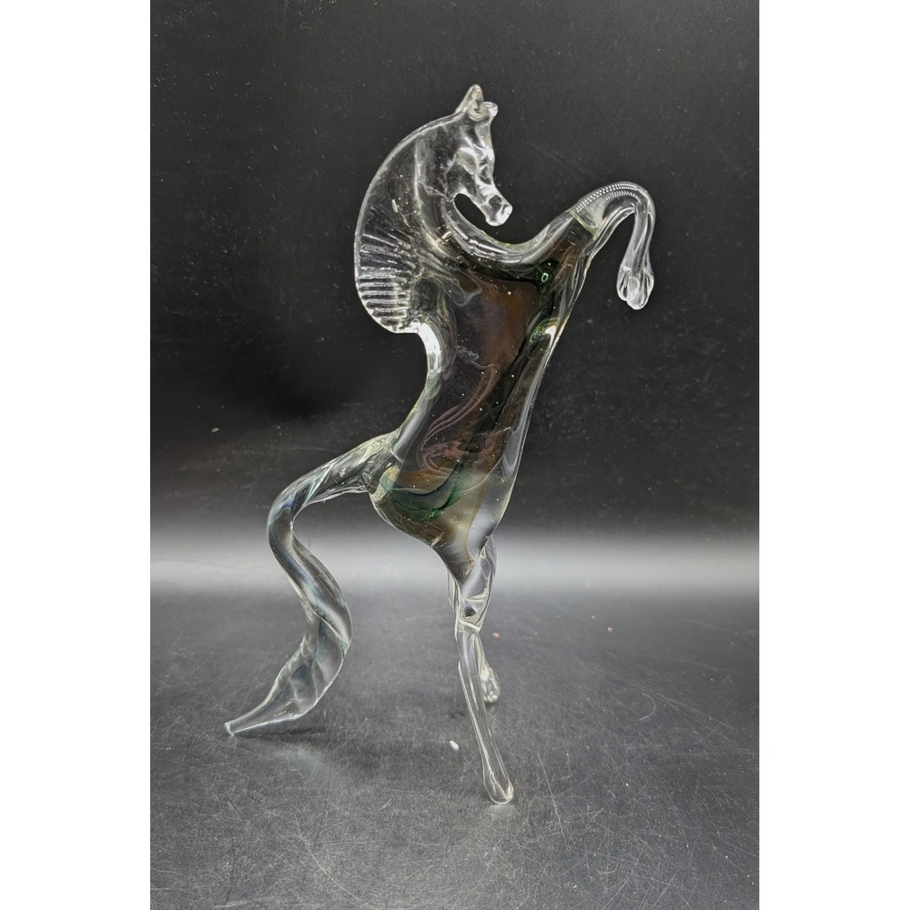 Vintage Murano Hand Blown Art Glass Rearing Horse Figurine Clear Green Amber 10"